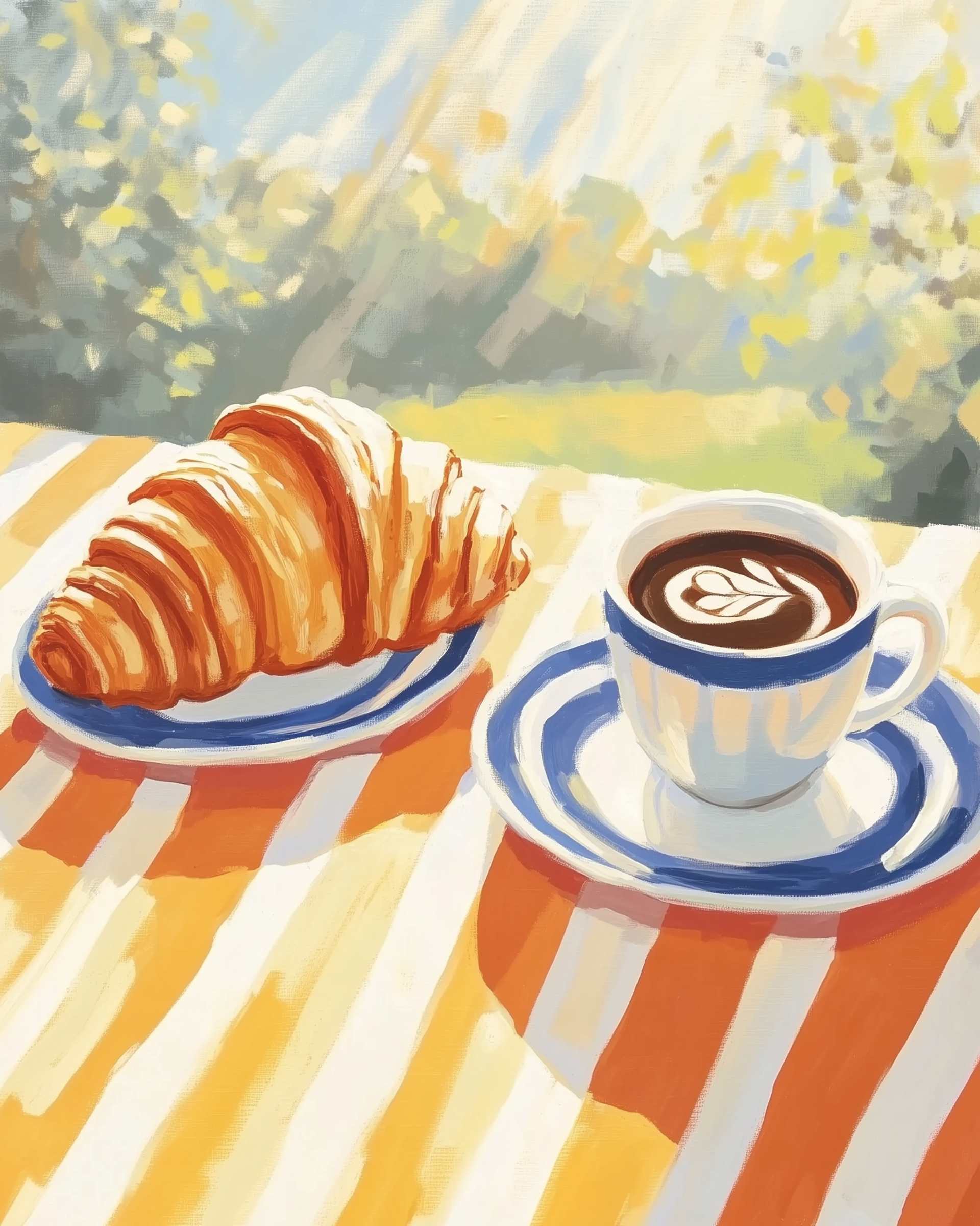 Cheerful illustration of a croissant and a cup of cappuccino with latte art, served on striped plates over a sunny, orange-and-white striped tablecloth with a garden view.

