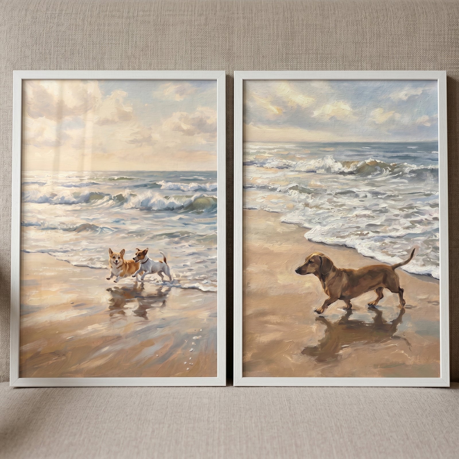 Breezy coastal beach dogs wall art set of 2 shows a corgi, terrier, and dachshund on a sunlit shore with soft ocean waves.