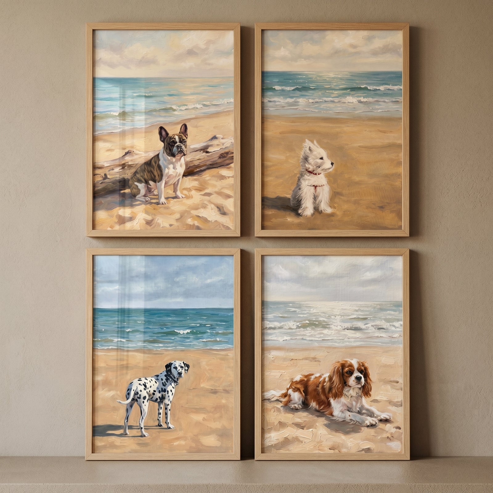Breezy waterfront beach dogs wall art set of 4 depicts a bulldog, white dog, dalmatian, and spaniel on a sandy shore.