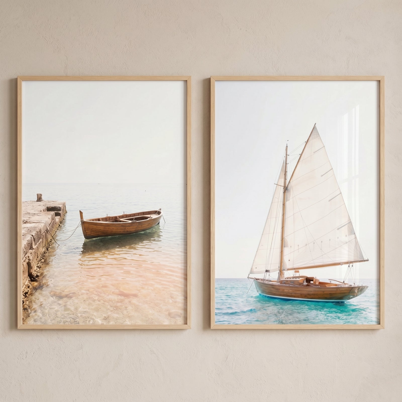 Bright coastal wooden boat wall art set of 2 featuring a rowboat by a pier and a wooden sailboat on the ocean.