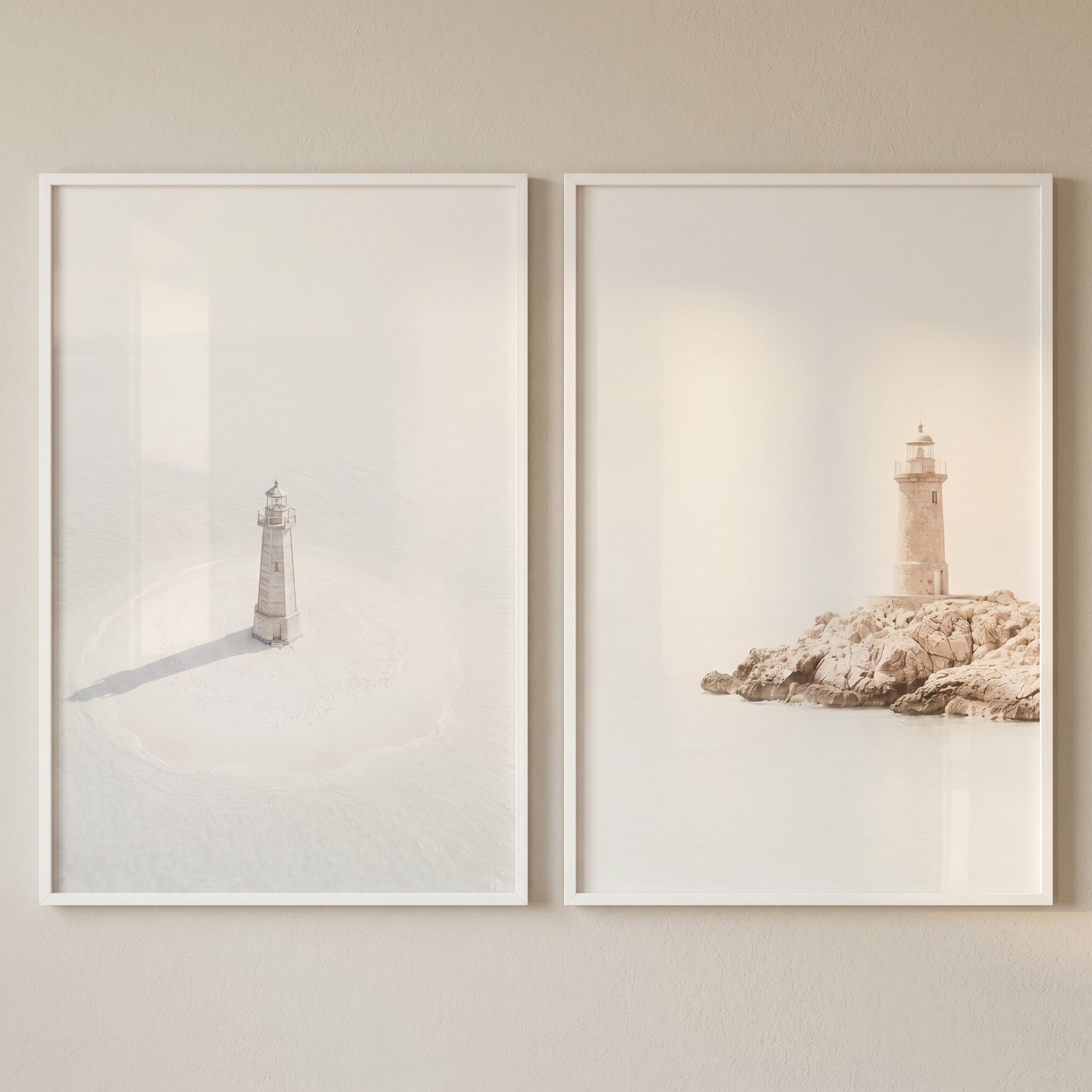 Bright Minimalist Coastal Lighthouse Wall Art Set Of 2 - Ethereal Sea Beacon