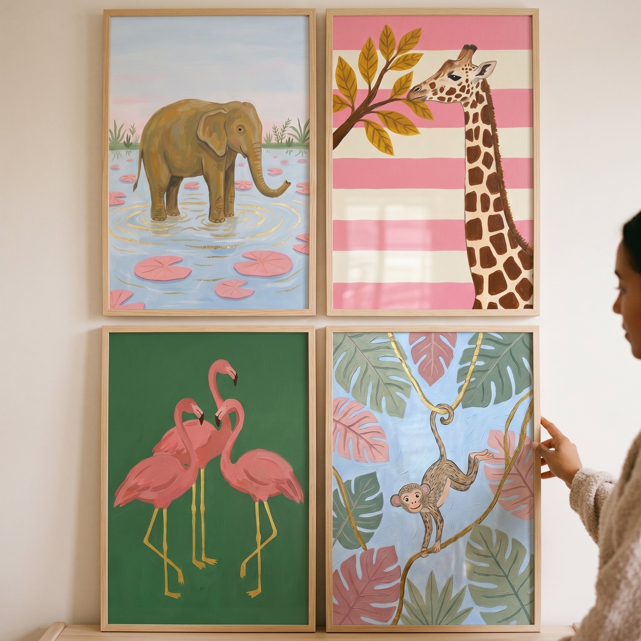 Bright Pastel Jungle Animals Wall Art Set Of 4 - Colorful Safari Friends