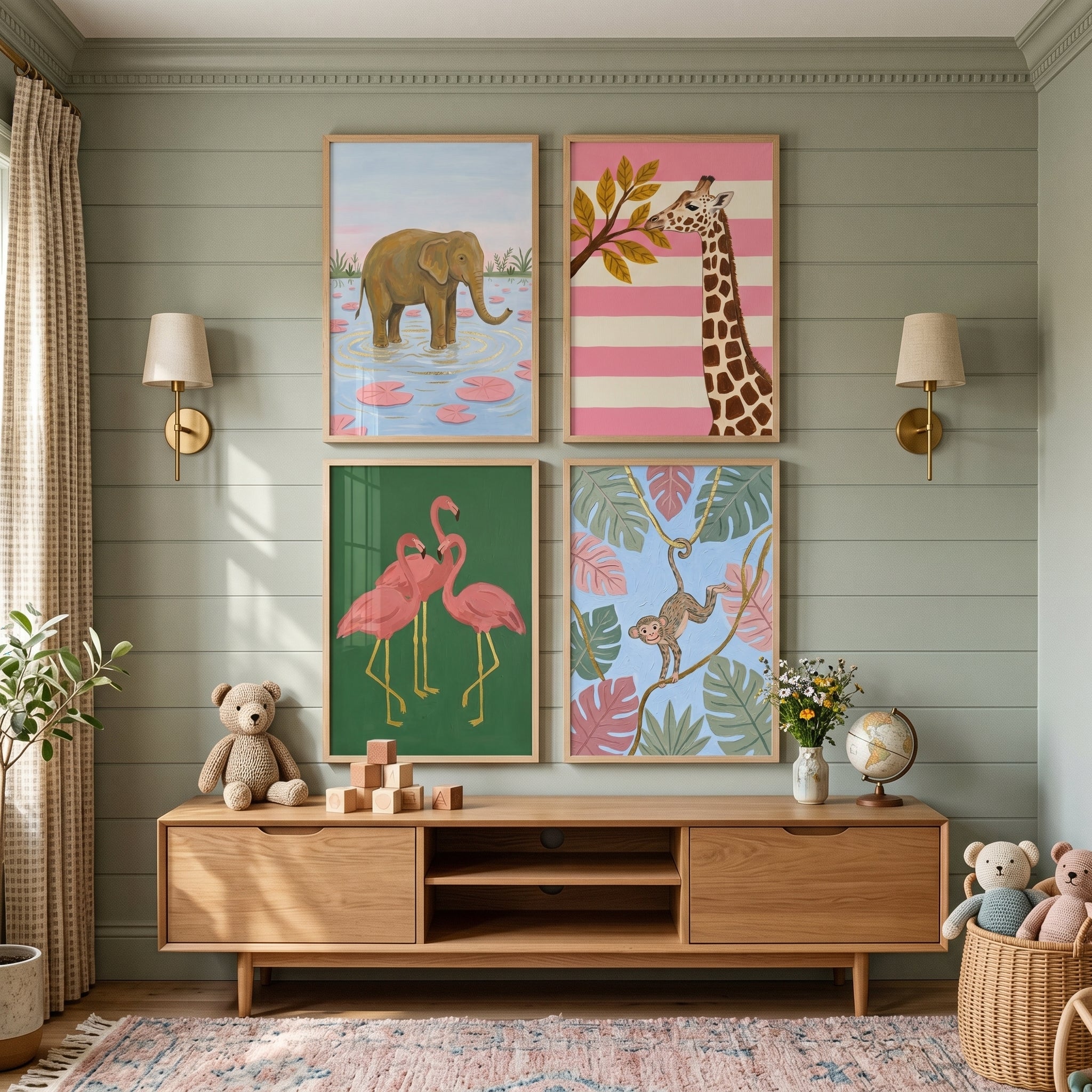 Bright Pastel Jungle Animals Wall Art Set Of 4 - Colorful Safari Friends