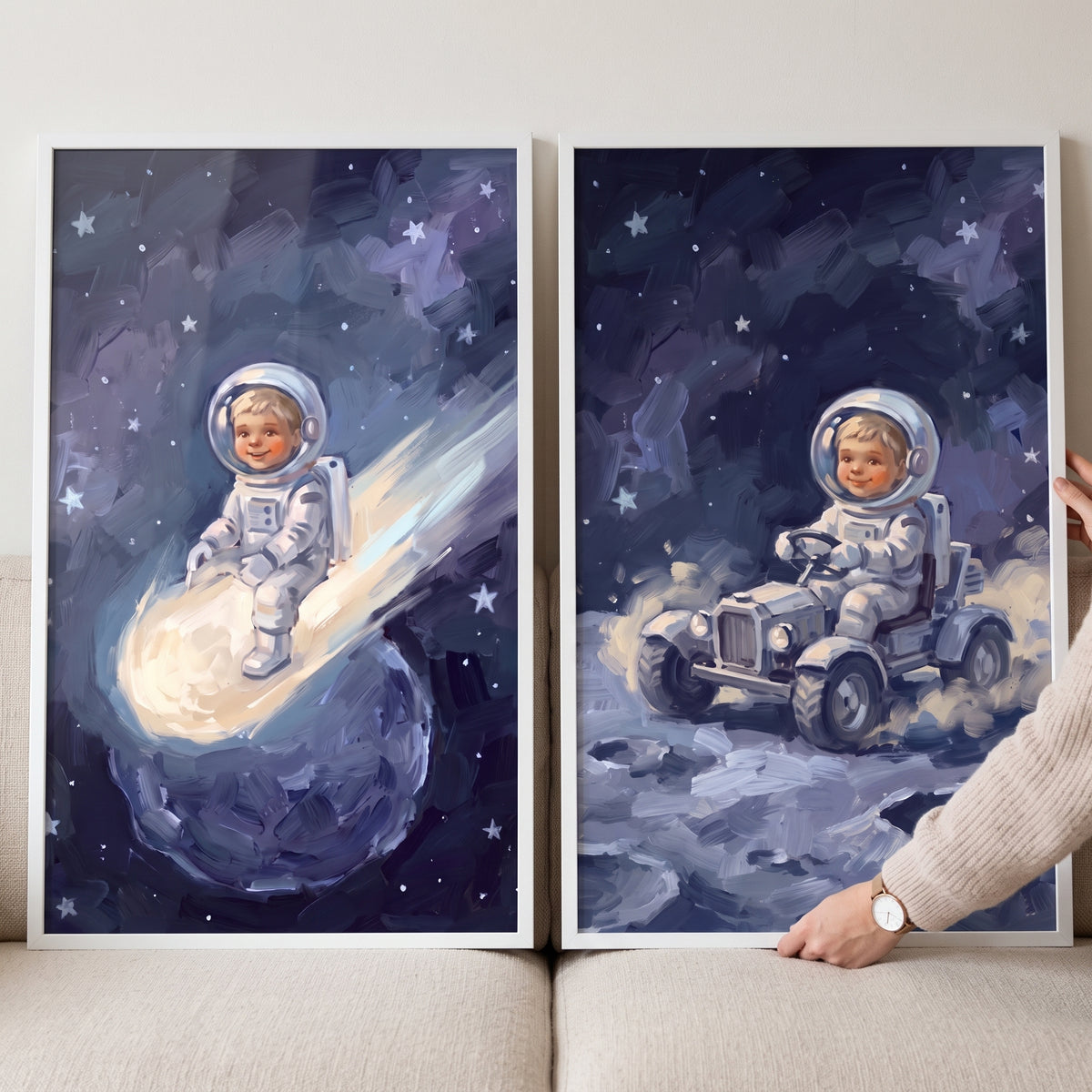 Two framed canvases show a bright starry baby astronaut wall art set of 2, featuring a child on a comet and a moon buggy.