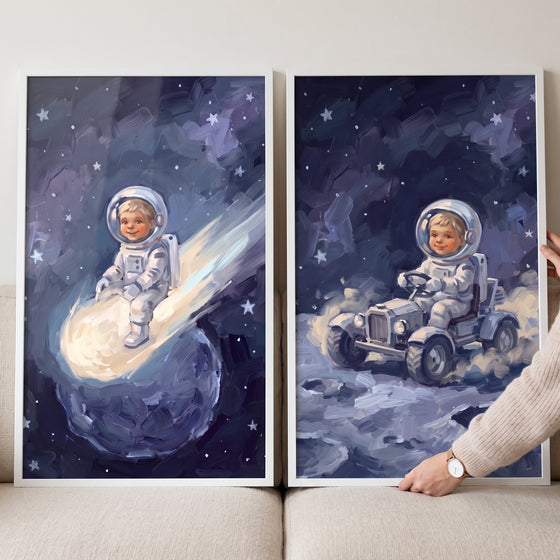 Two framed canvases show a bright starry baby astronaut wall art set of 2, featuring a child on a comet and a moon buggy.