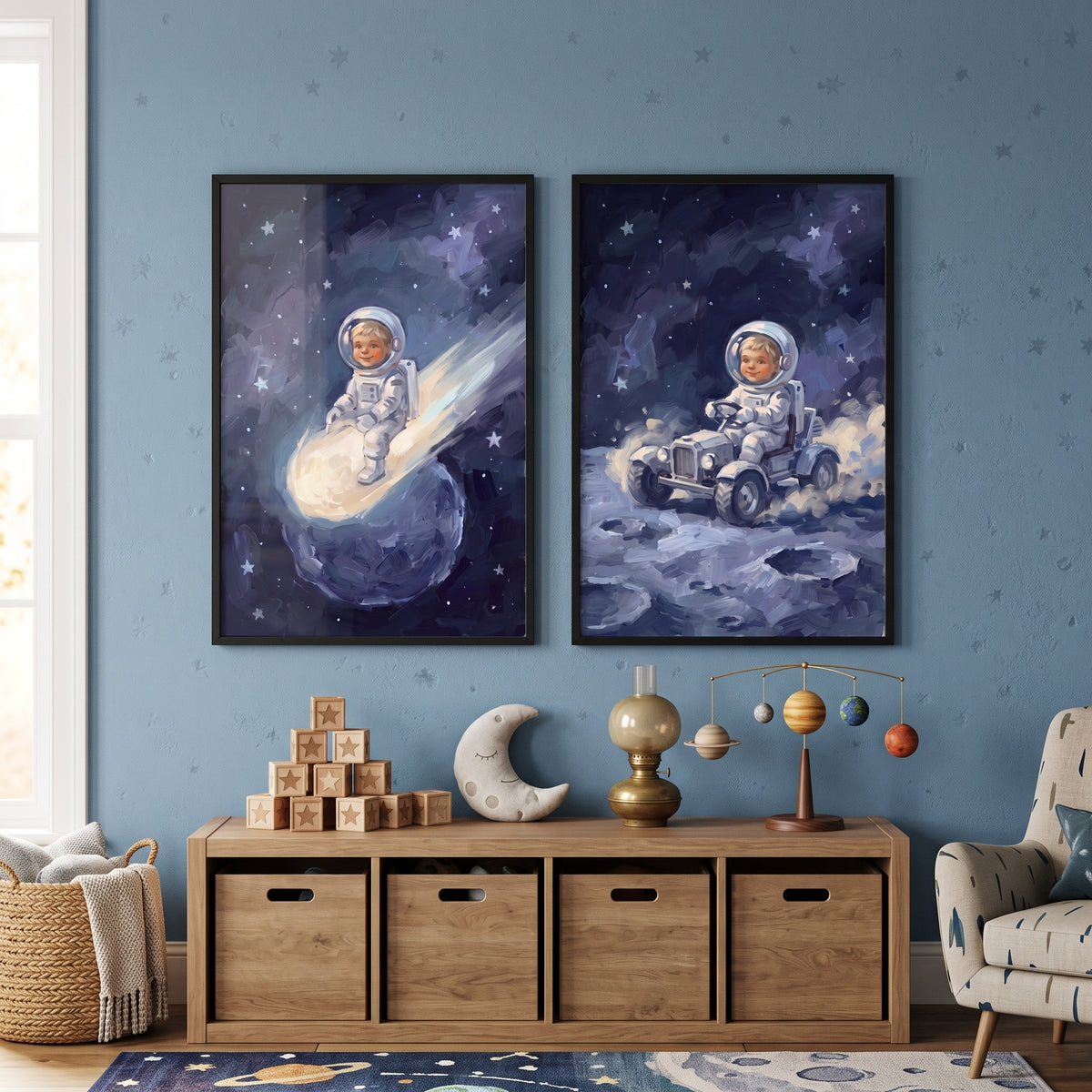 Bright Starry Baby Astronaut Wall Art Set of 2 - Stellar Space Voyager
