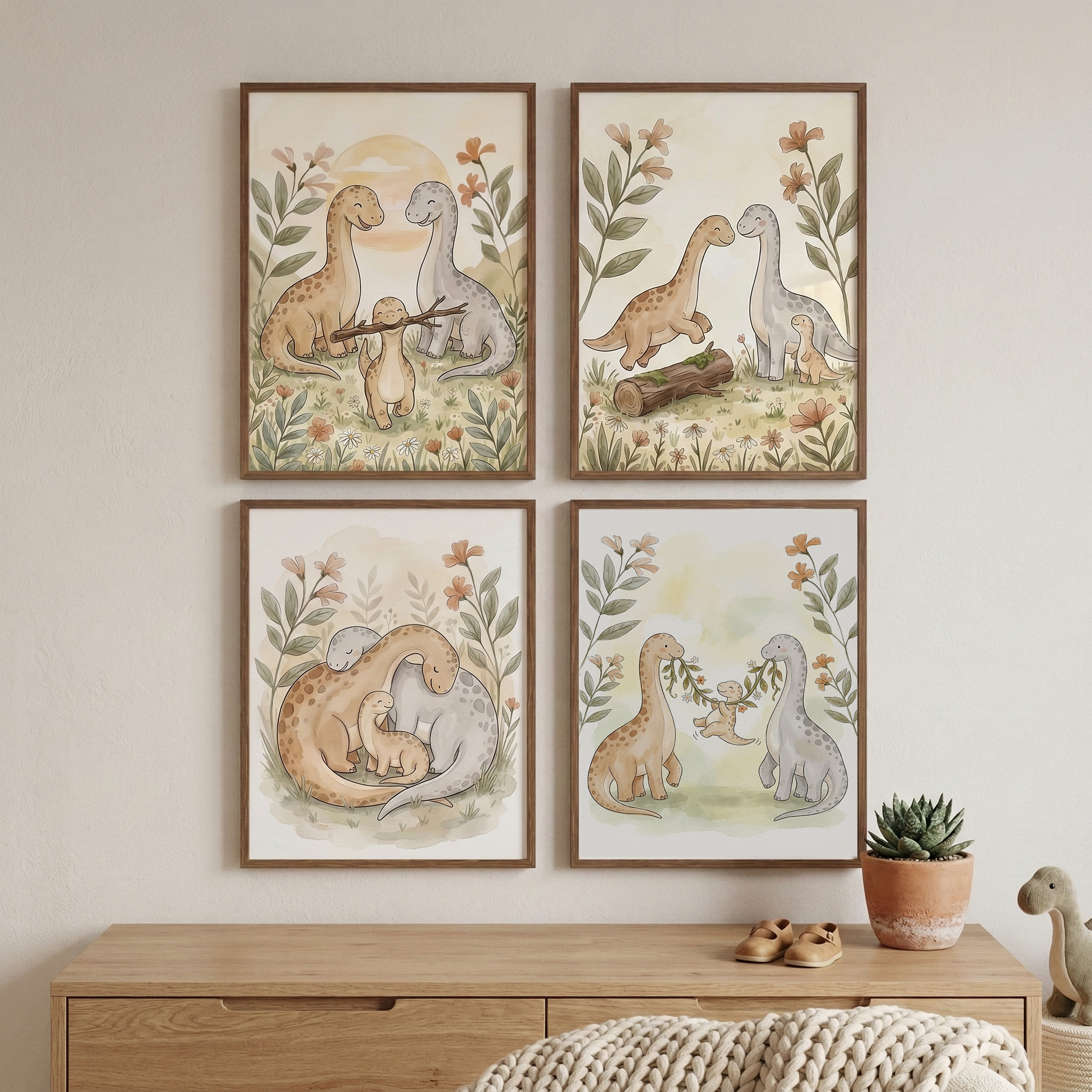 Brontosaurus Family Wall Art Set of 4 - Dino Family Love