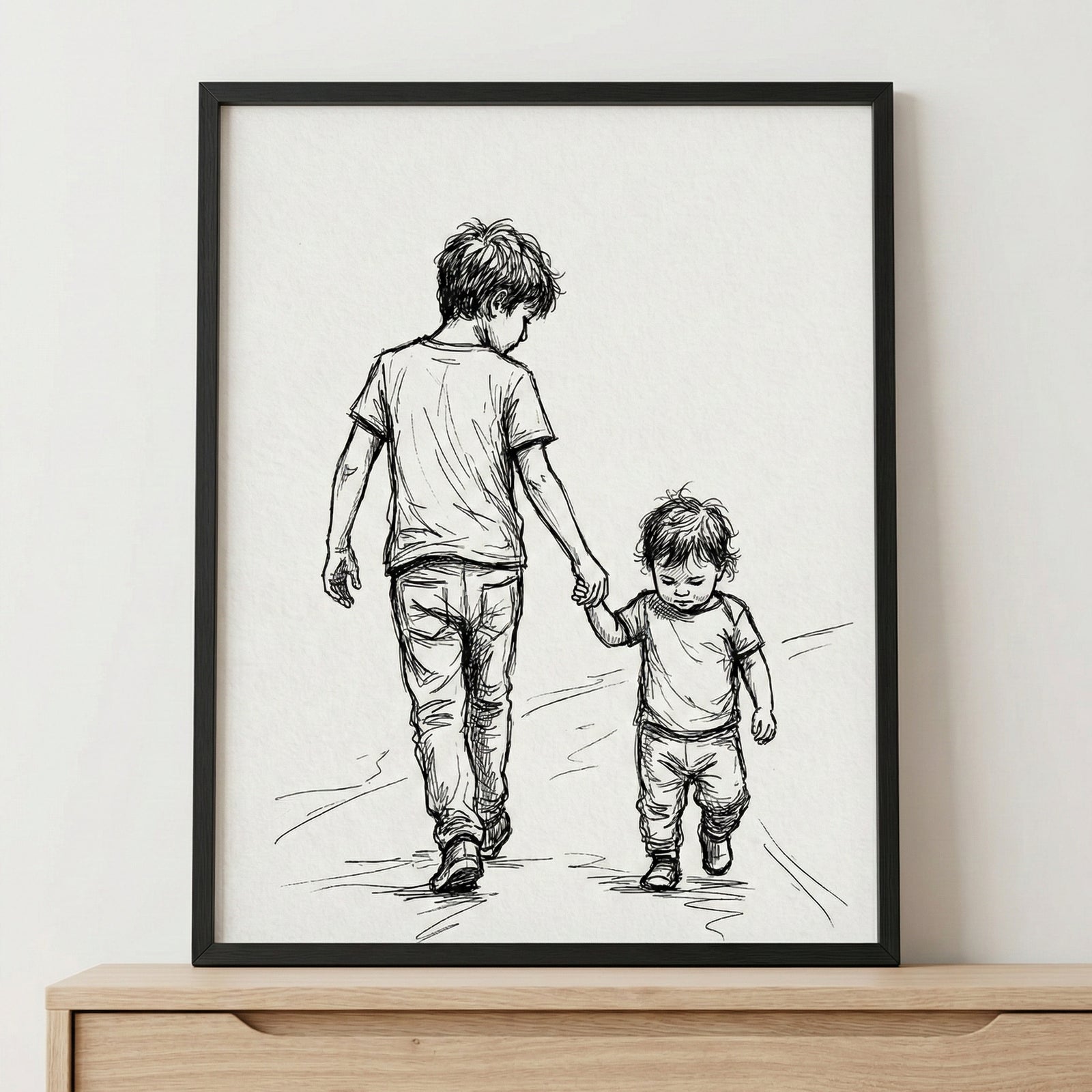 Framed black-and-white line drawing of an older boy holding hands with a toddler, both walking away together. This sentimental piece of wall art captures a moment of gentle sibling connection and care.