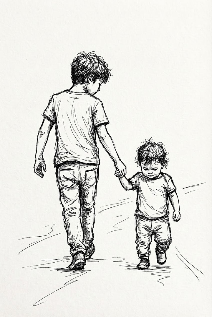 Minimalist sketch-style illustration of two young brothers walking hand-in-hand, with soft pencil-like lines on a white background. A heartwarming and timeless wall art piece for family spaces or nurseries.