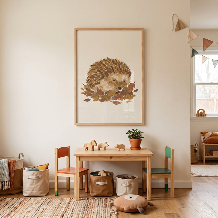 Playroom with wooden furniture and brown autumn leaves hedgehog wall art displayed above a small table.
