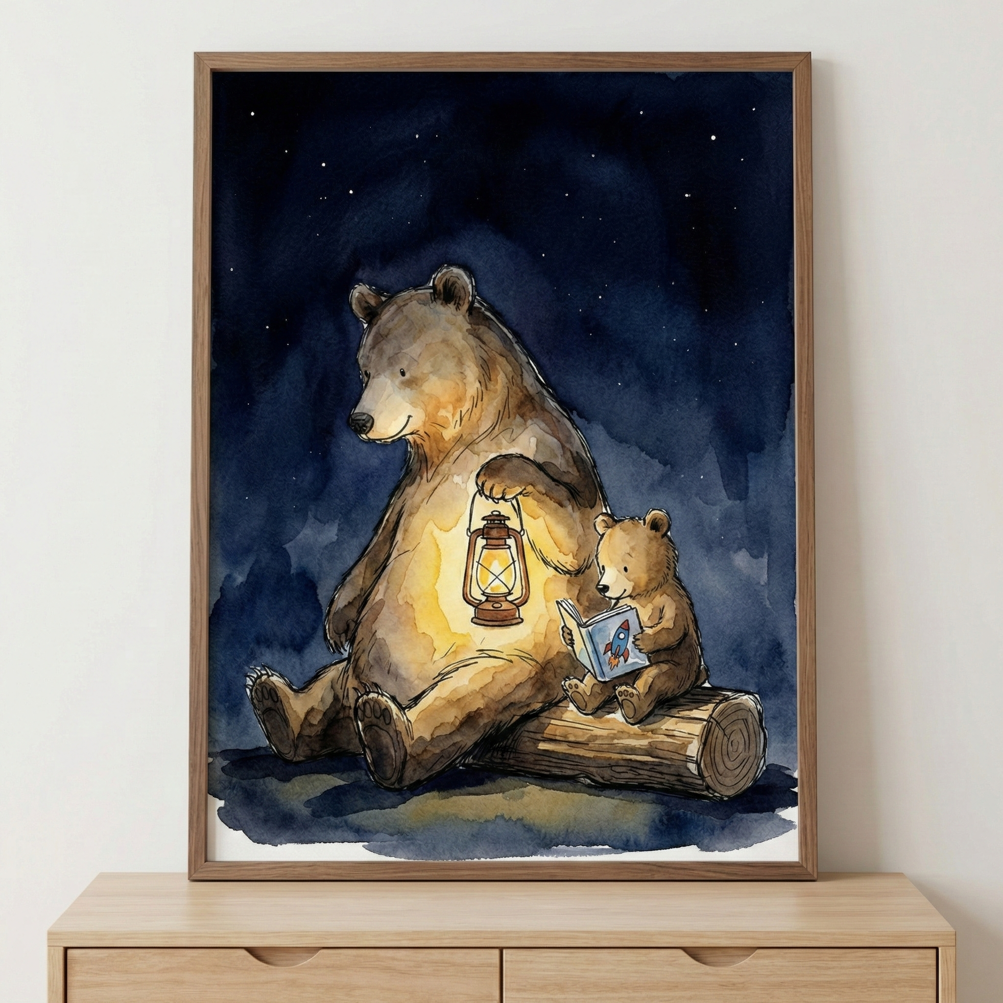A framed watercolor illustration features a large brown bear and its cub in a night setting. The large bear sits on the ground, holding a lantern that emits a warm yellow light. Next to it, the cub sits atop a log, looking at a small blue book. The scene is set against a dark blue sky filled with white stars. The artwork is displayed in a light wood frame on top of a wooden cabinet with horizontal grain and drawer pulls, set against a white wall.