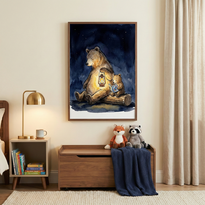 A cozy child’s room features a large framed illustration of a brown bear holding a lantern and a cub reading a book under a starry night sky. The soft watercolor-style artwork hangs above a wooden chest with a blue blanket and two plush toys: a red fox and a grey raccoon. To the left, a wooden nightstand holds a gold lamp, a mug, and books. Neutral-toned walls, cream curtains, and a textured rug complete the warm, peaceful setting.