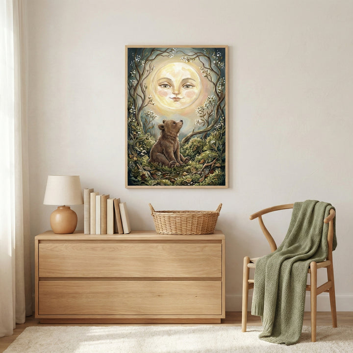 A vertical illustration featuring a small brown bear sitting on a mossy forest floor, gazing up at a large, glowing full moon with a gentle human face. The scene is enclosed by delicate flowering branches. The artwork is framed and displayed on a neutral wall above a wooden dresser with a lamp and books, next to a chair with a green throw.
