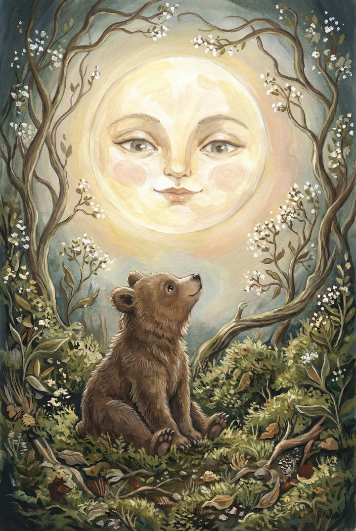 Whimsical watercolor-style illustration of a brown bear cub sitting on a forest floor, looking up at a glowing full moon with a gentle, human-like face. The scene is framed by curving tree branches with delicate white blossoms, surrounded by lush greenery and woodland details, creating a peaceful nursery-inspired woodland setting.