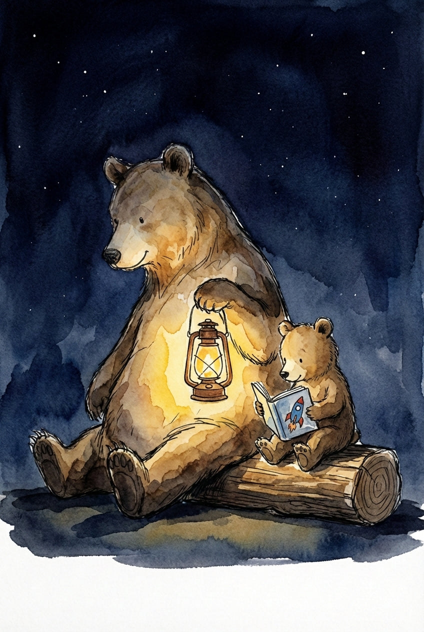 At night, a bear holds a glowing lantern while a cub beside it reads a book with a rocket on the cover. They sit on a log under a starry sky.
