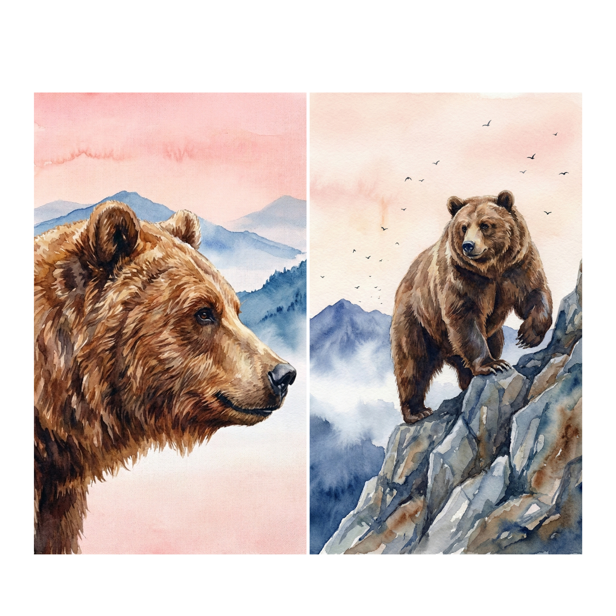 Two panel watercolor illustration of a brown bear in a misty mountain landscape at sunrise. One panel shows a close side profile of the bear’s head with thick brown fur against soft blue mountain layers, while the other shows the bear standing on a rocky cliff with birds flying across a pink sky.
