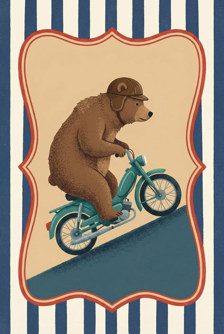 A brown bear wearing a vintage leather helmet rides a teal motorcycle up a steep hill, framed in a retro striped background with a red-trimmed label.

