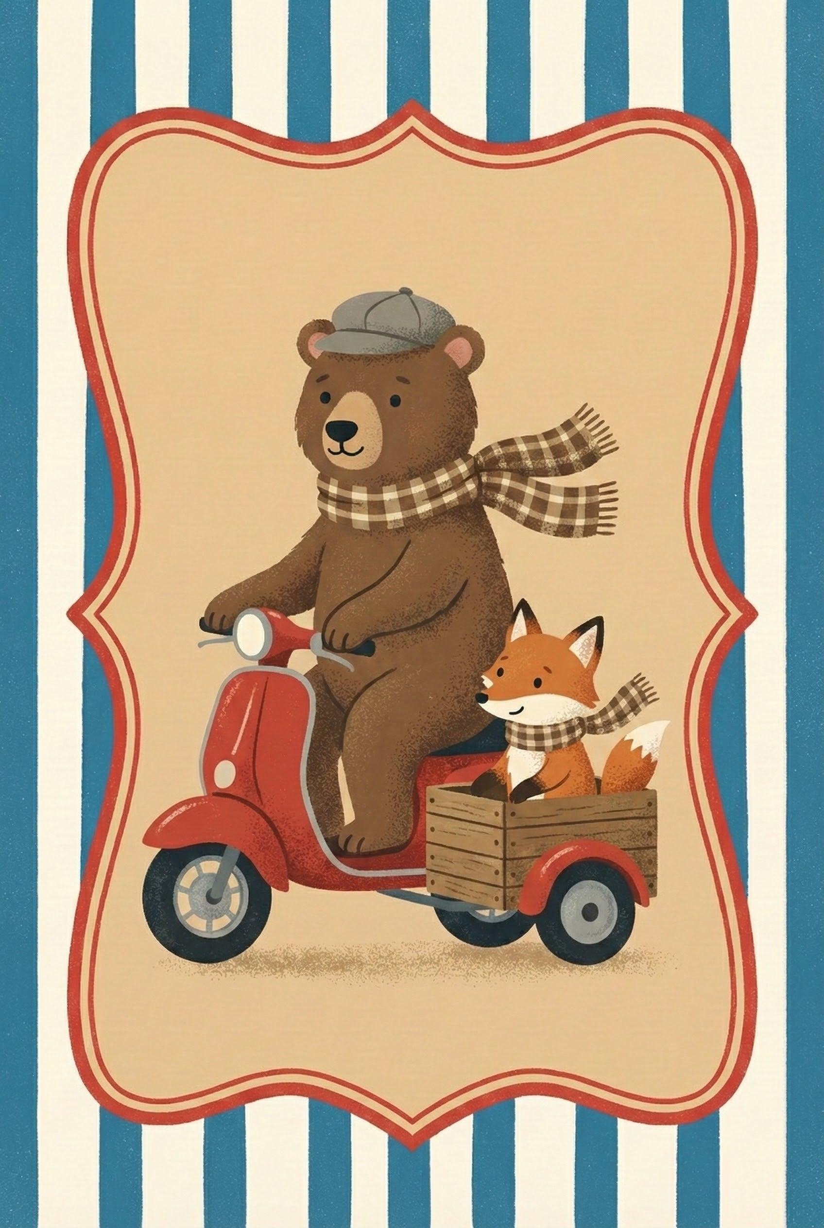 Brown Bear On Scooter Whimsical Illustration Wall Art - Forest Friends On Wheels