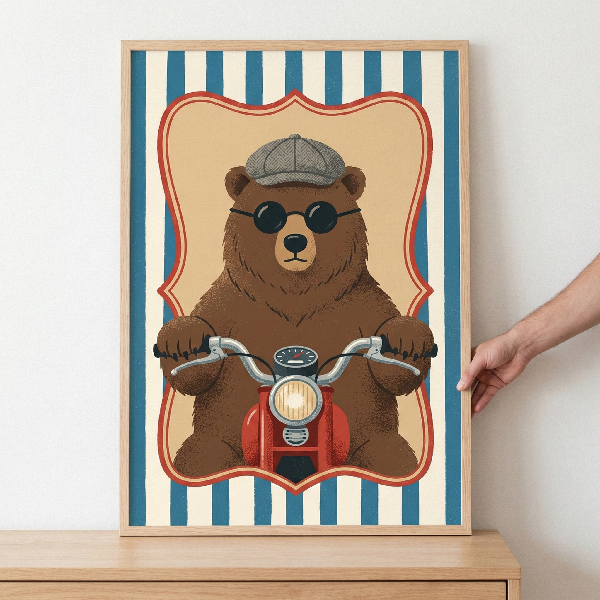 Brown Bear Rider Quirky Animal Portrait Wall Art - Cruising Grizzly