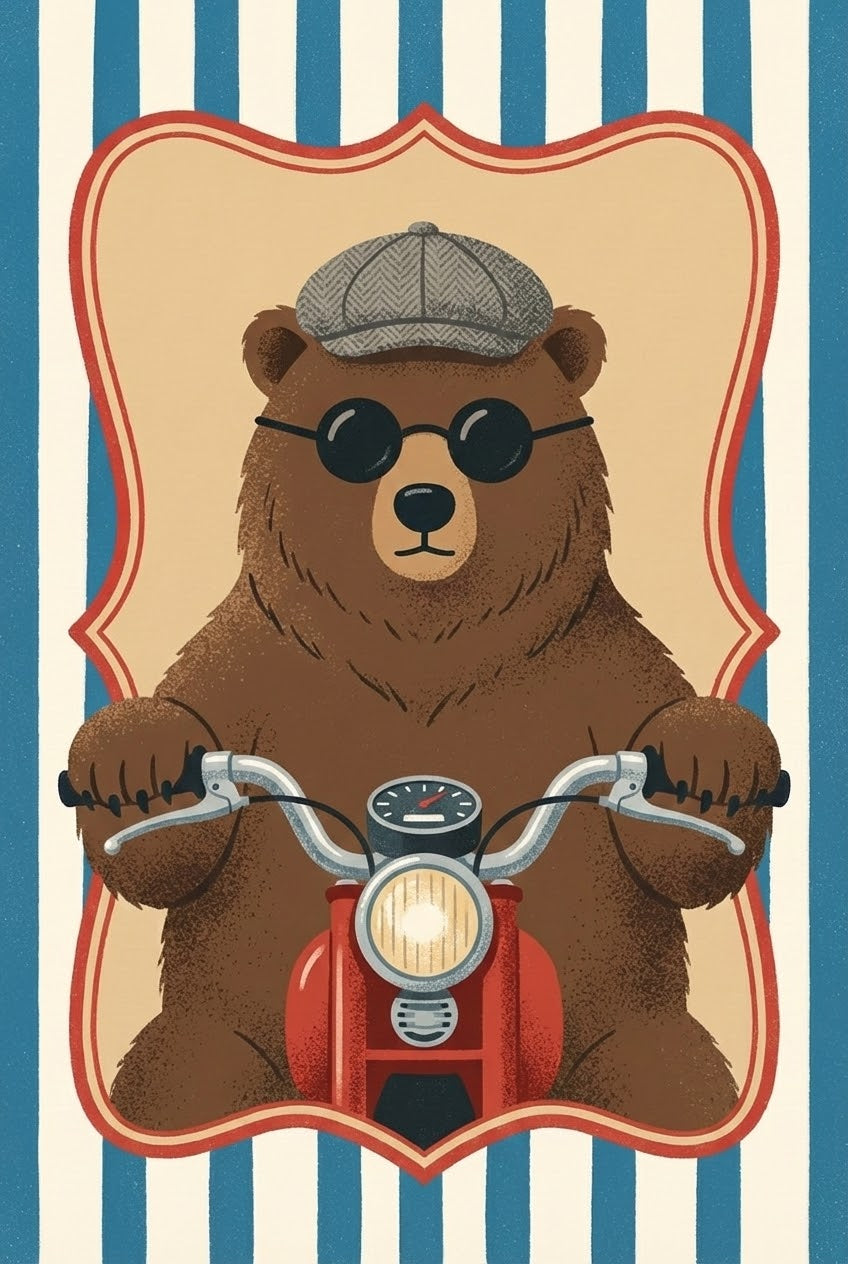 Brown Bear Rider Quirky Animal Portrait Wall Art - Cruising Grizzly