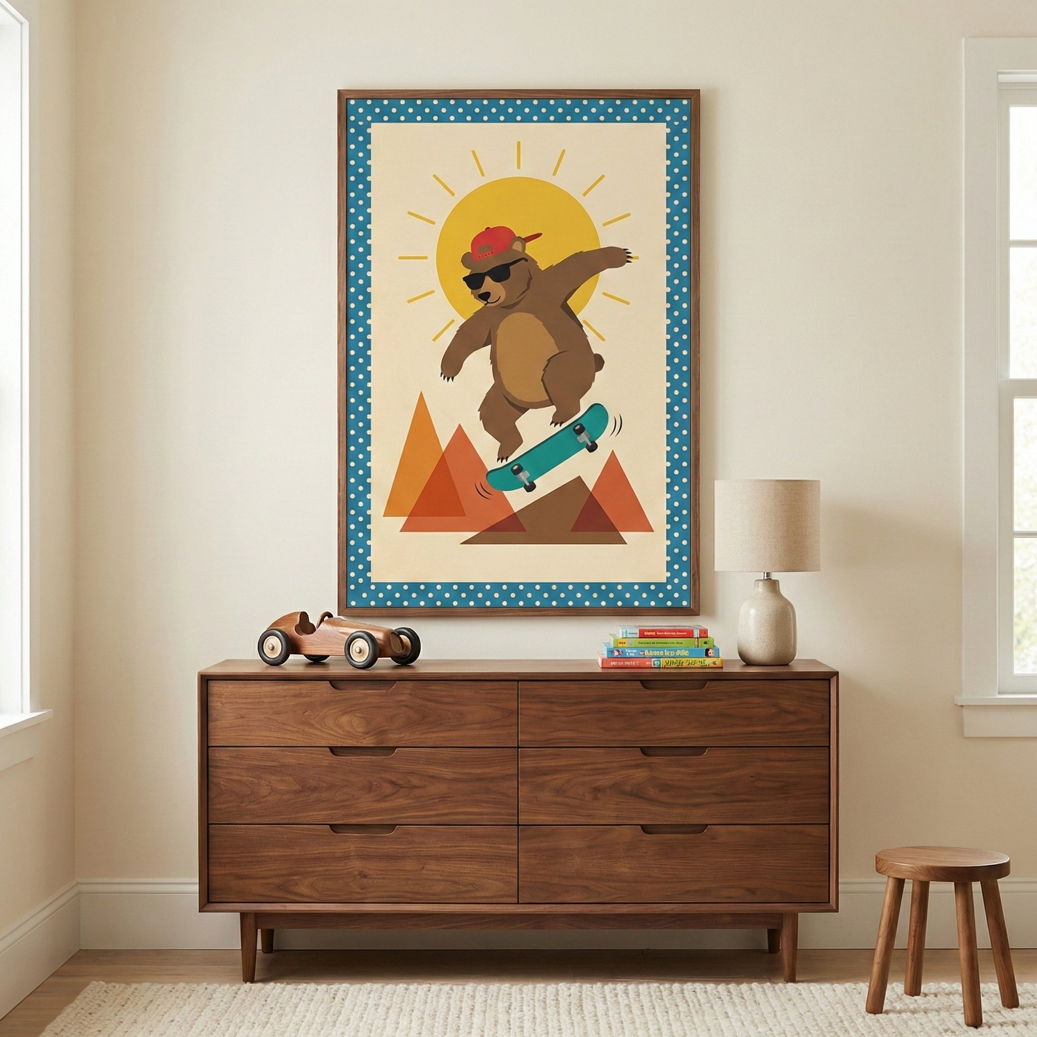 A framed illustration of a cartoon brown bear wearing a red baseball cap and sunglasses while skateboarding. The bear is depicted in front of a large sun and geometric orange mountains, surrounded by a blue polka-dot border. The art hangs on a cream wall above a mid-century style wooden dresser. On the dresser sits a wooden toy car, a small stack of books, and a lamp. A simple wooden stool is positioned on a textured rug in the corner of the room.