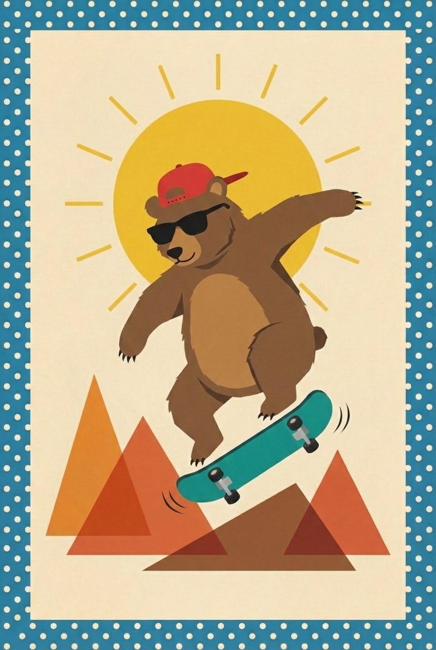  A cheerful bear in a red cap and black sunglasses pops a trick on a teal skateboard, soaring over orange mountain peaks and backlit by a huge yellow sun.
