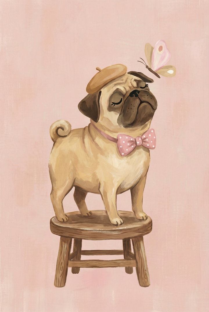 Pug standing on a wooden stool wearing a beret and pink bow tie with eyes closed, while a butterfly hovers above its head. The pose gives a playful and slightly fancy character.
