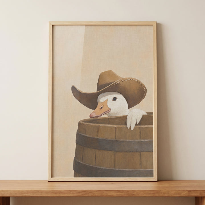 Framed brown cowboy hat goose wall art shows a white goose peeking from a wooden barrel above a wood shelf.