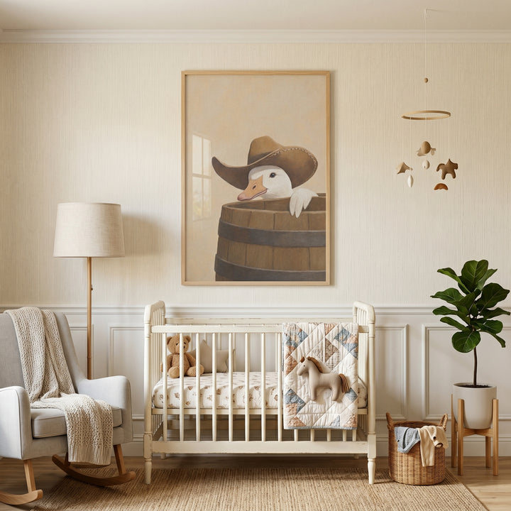 Nursery featuring a white crib, grey rocking chair, potted plant, and brown cowboy hat goose wall art.
