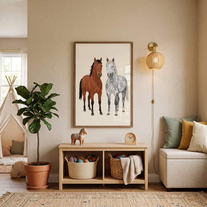 Kids room with brown dapple grey horse wall art, a potted plant, wooden bench, and a small teepee in the corner.