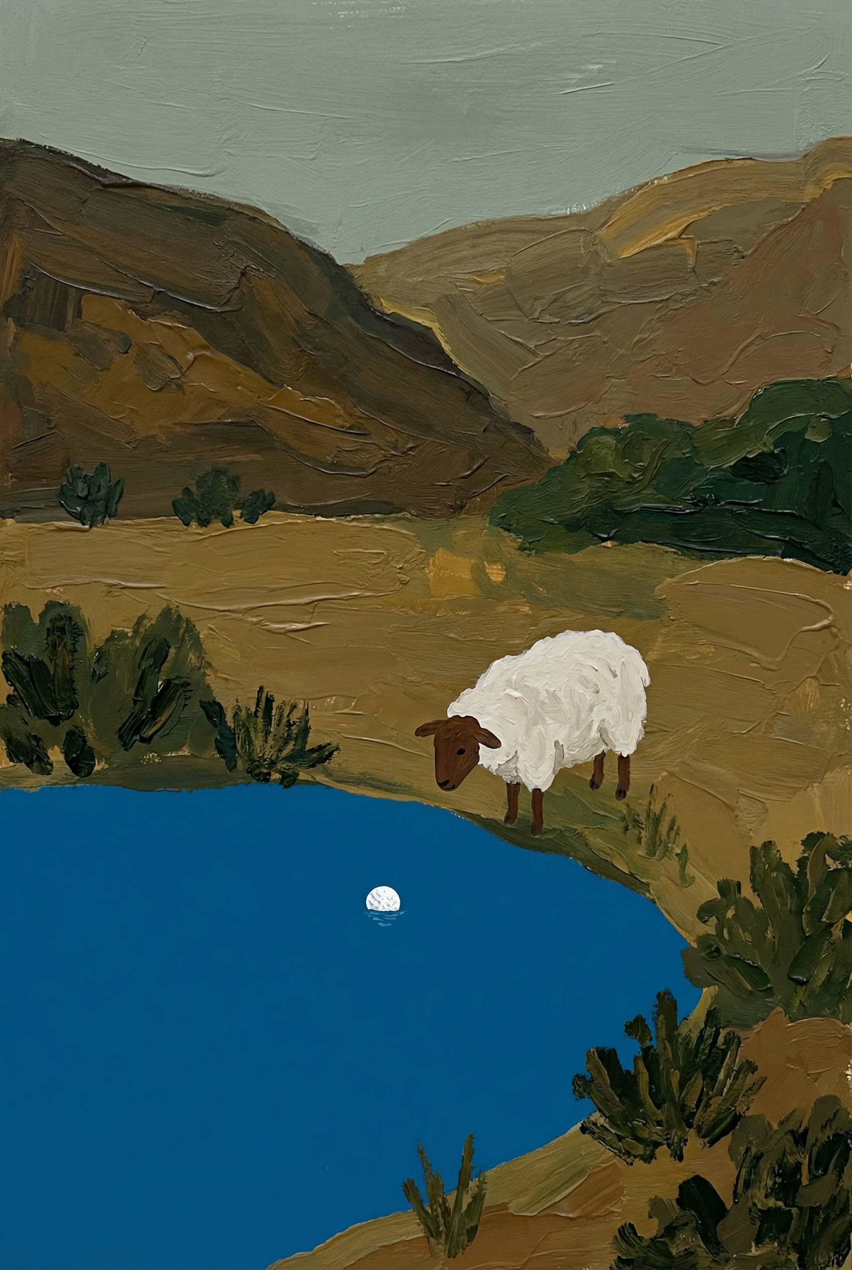 Brown Face Water Sheep Wall Art - Serene Lakeside Sheep