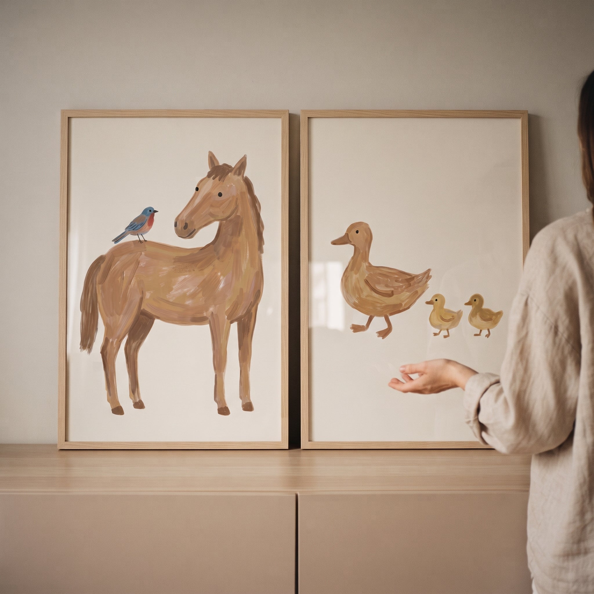 Brown Farm Animals Wall Art Set of 2 - Whimsical Farm Friends