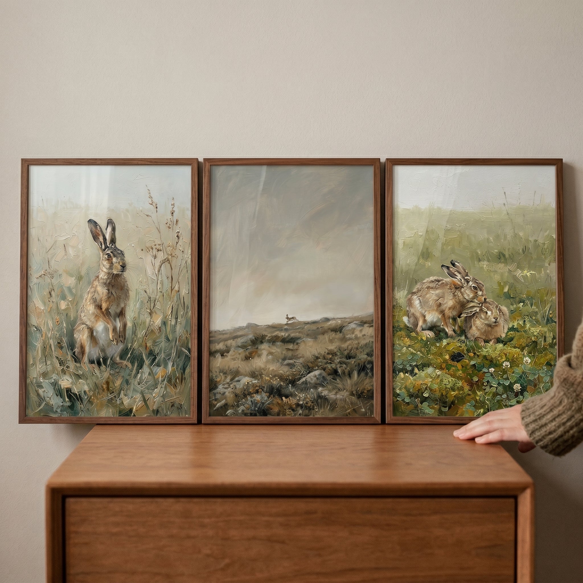 Brown Field Hare Wall Art Set of 3 - Wild Bunny Fields