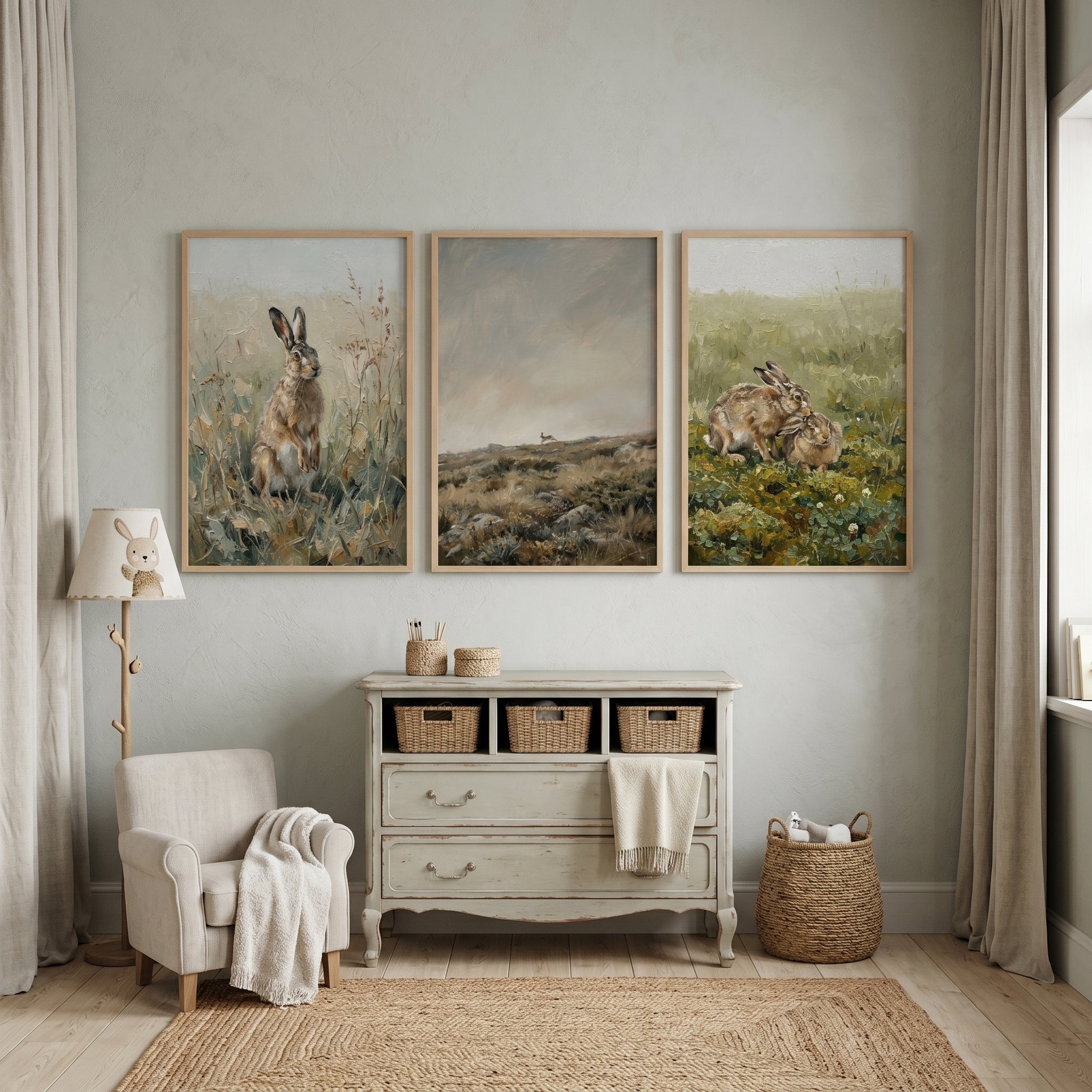 Brown Field Hare Wall Art Set of 3 - Wild Bunny Fields