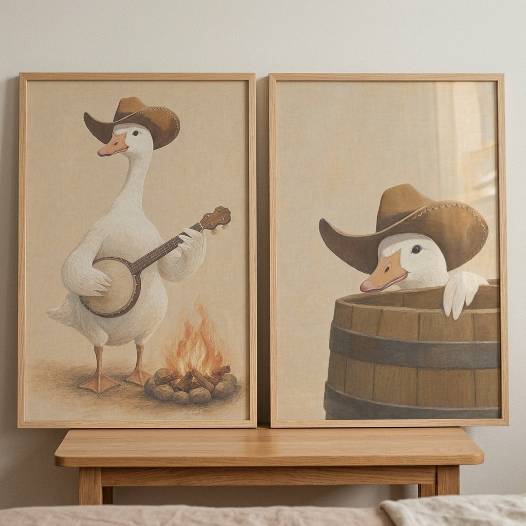 Brown hat white goose wall art set of 2 featuring geese playing banjo by a campfire and peeking from a wooden barrel.