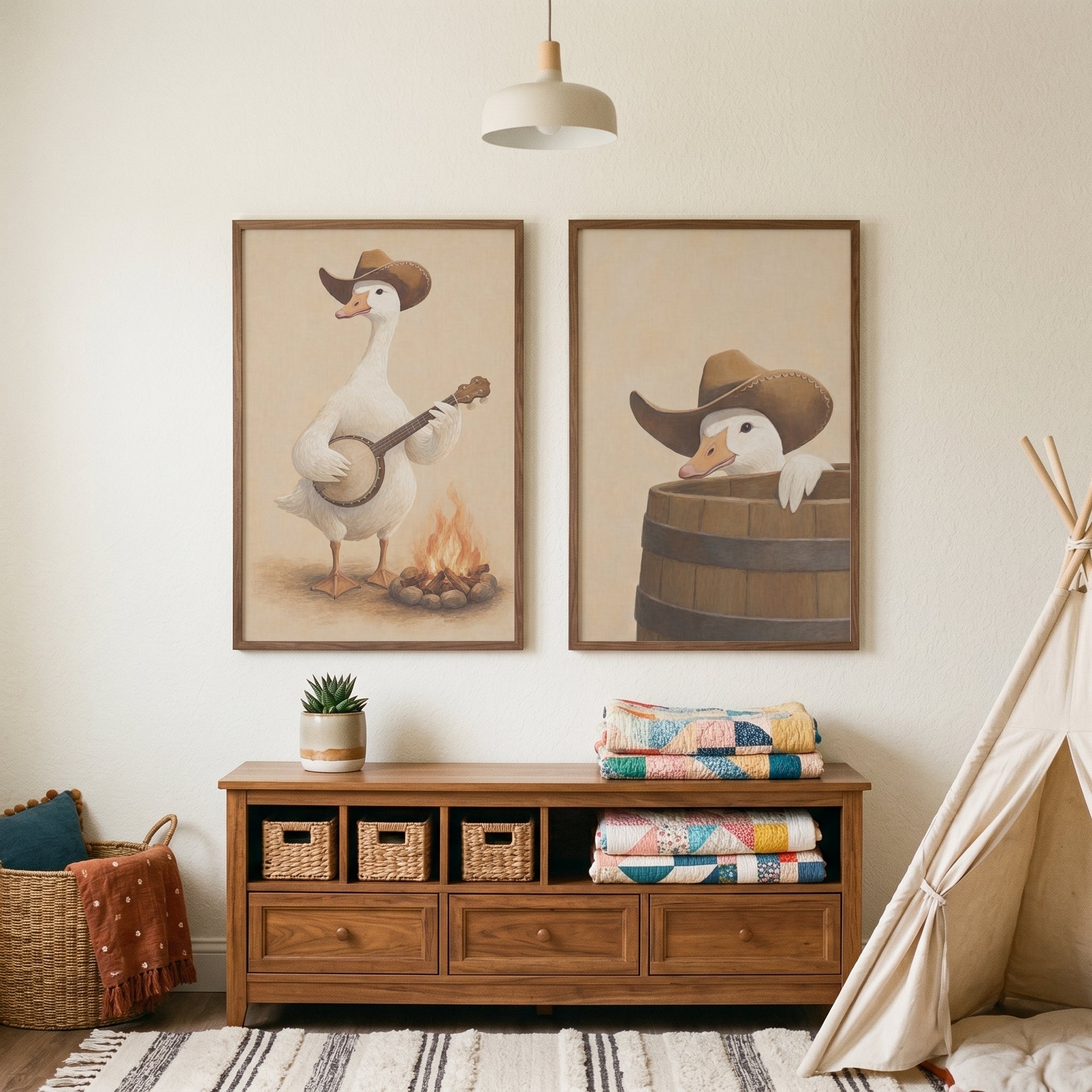 Brown Hat White Goose Wall Art Set of 2 - Cowboy Goose Melodies