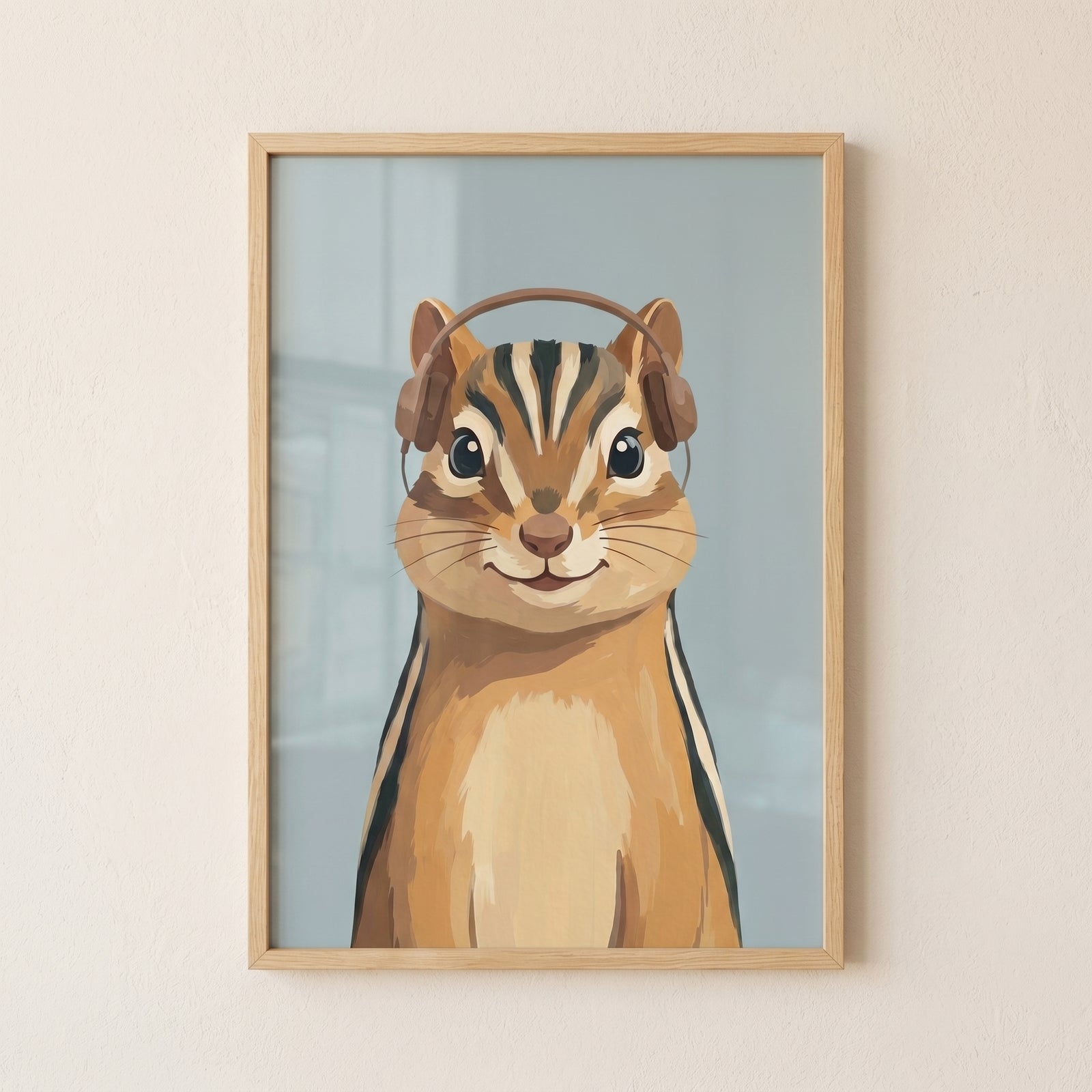 Framed brown headphone chipmunk wall art of a cute smiling chipmunk on a light blue background.