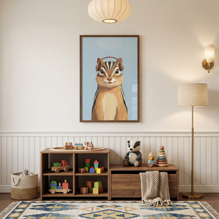 Brown headphone chipmunk wall art above wooden toy shelves, a floor lamp, and a patterned rug in a neutral playroom.