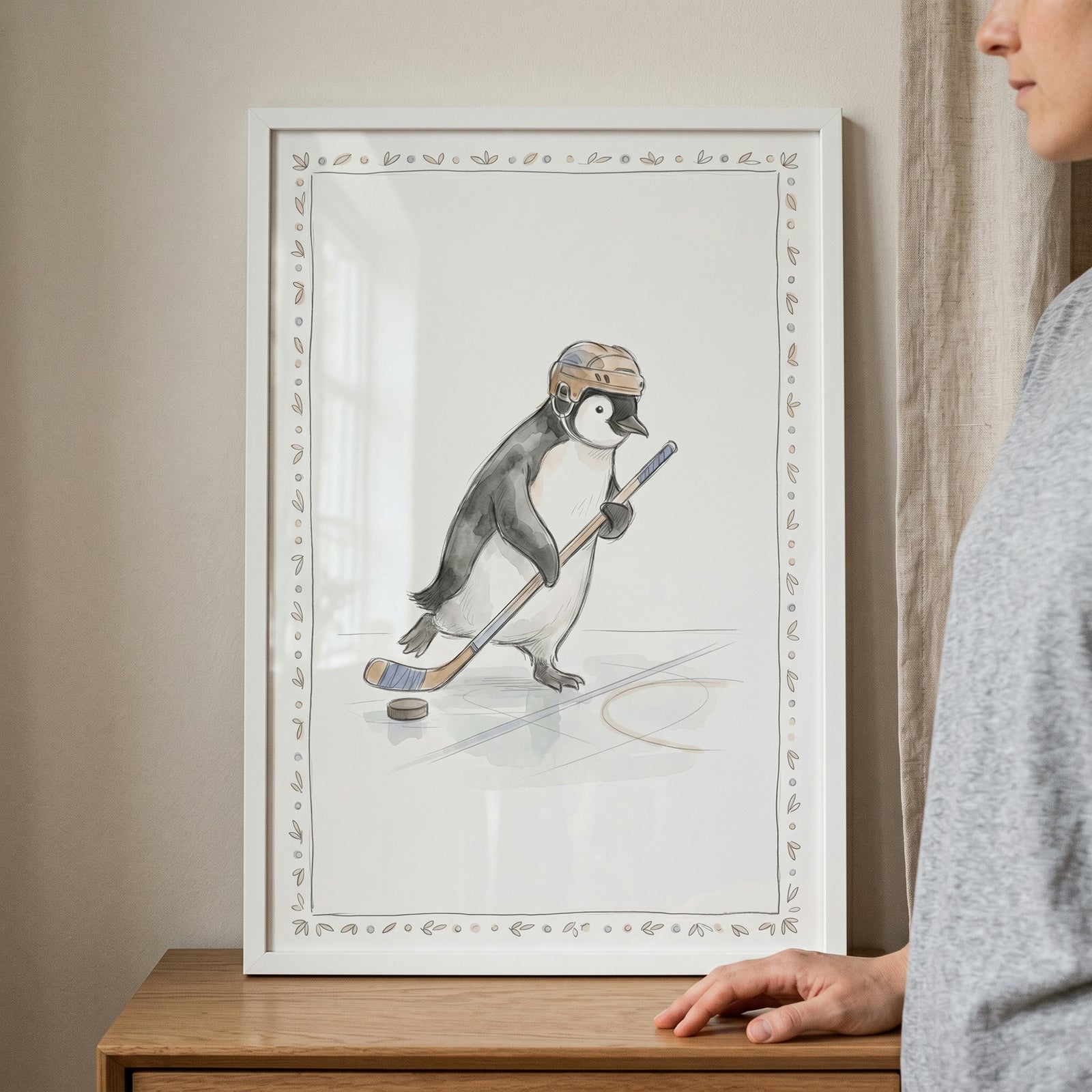 Framed brown helmet hockey penguin wall art depicting a penguin with a stick and puck on ice, resting on wood.