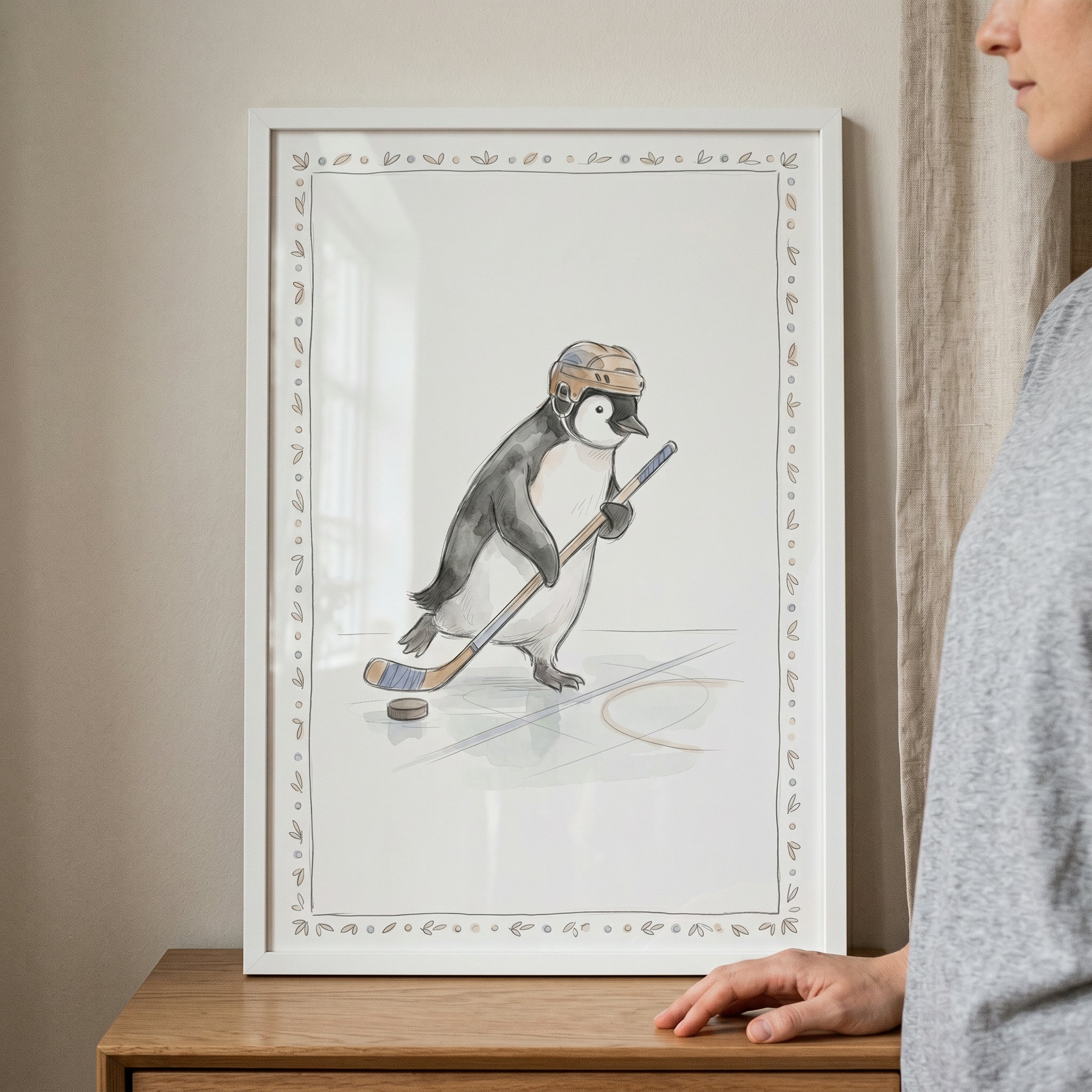 Brown Helmet Hockey Penguin Wall Art - Ice Hockey Penguin