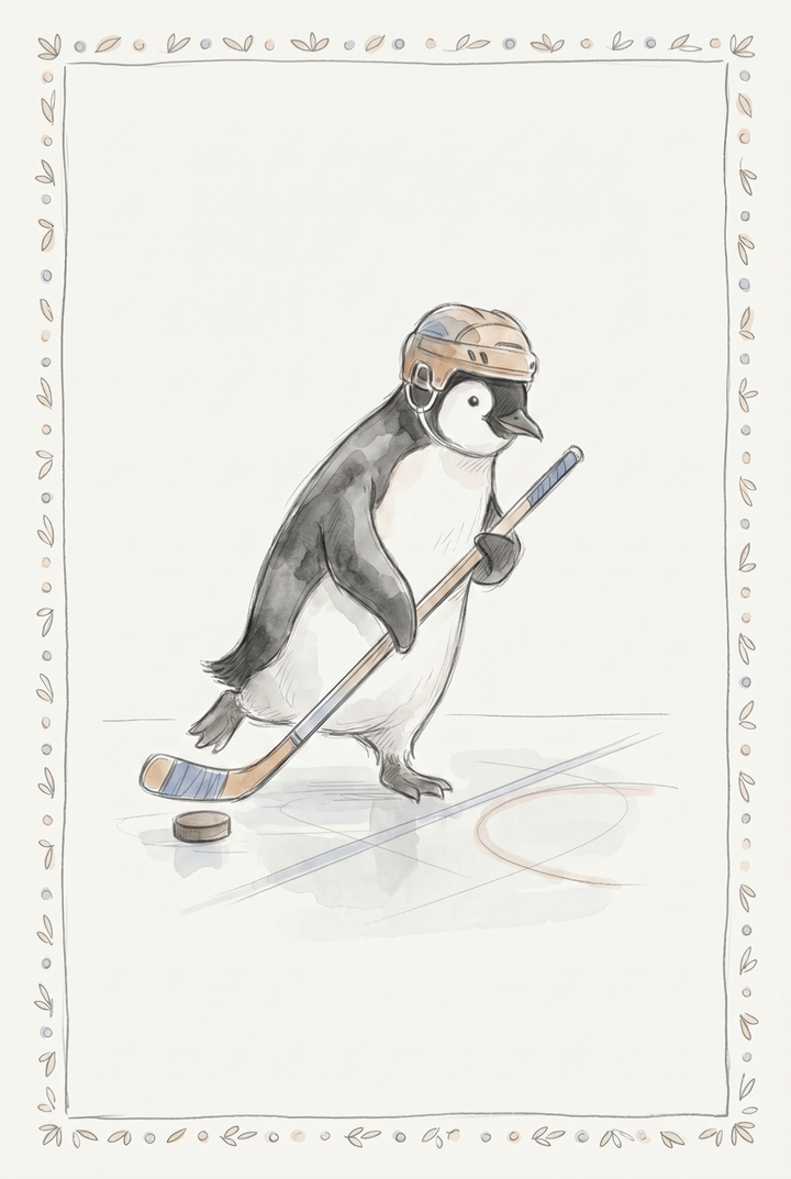 Brown helmet hockey penguin wall art watercolor shows a penguin on ice with a hockey stick and puck within a border.