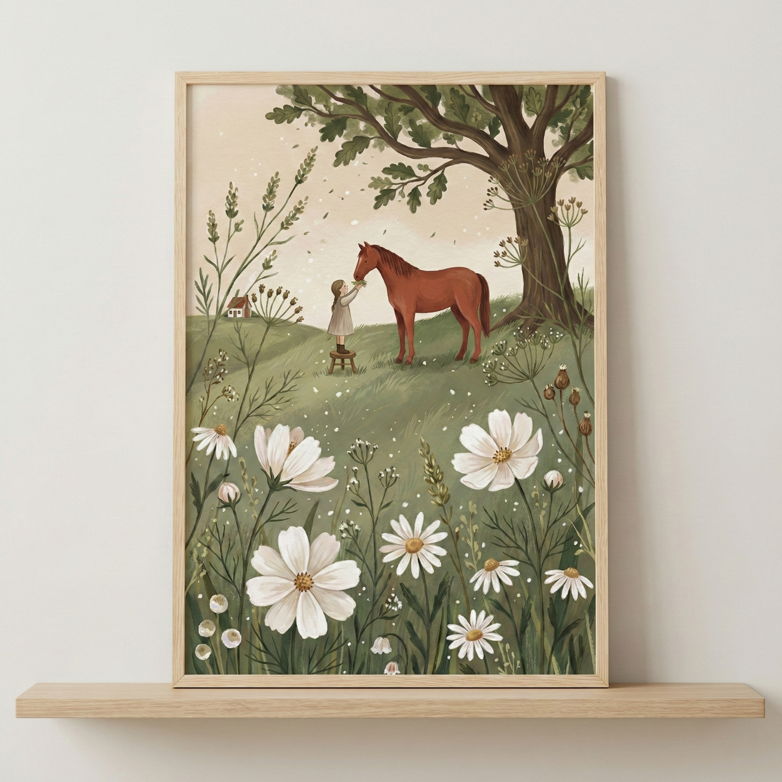 A whimsical folk-art style illustration in a wooden frame rests on a shelf. In the center, a small girl stands on a wooden stool to reach a brown horse on a rolling green meadow. The foreground features large, white flowers and delicate botanical stems. A massive oak-like tree provides shade on the right, and a tiny house is visible in the far distance under a cream-colored sky. The color scheme is composed of earthy greens, browns, and soft whites, evoking a peaceful, rural atmosphere.