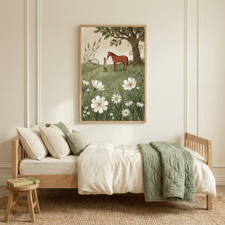 A serene child's room features a light-toned wooden bed with cream-colored bedding and a sage green quilted throw. A small wooden stool stands on a natural fiber rug nearby. Above the bed, a large framed artwork displays a peaceful scene of a small child and a chestnut horse in a meadow of tall white flowers and grasses beneath a large tree. The room has off-white walls with decorative molding, creating a calm, coordinated aesthetic in soft, earthy tones.