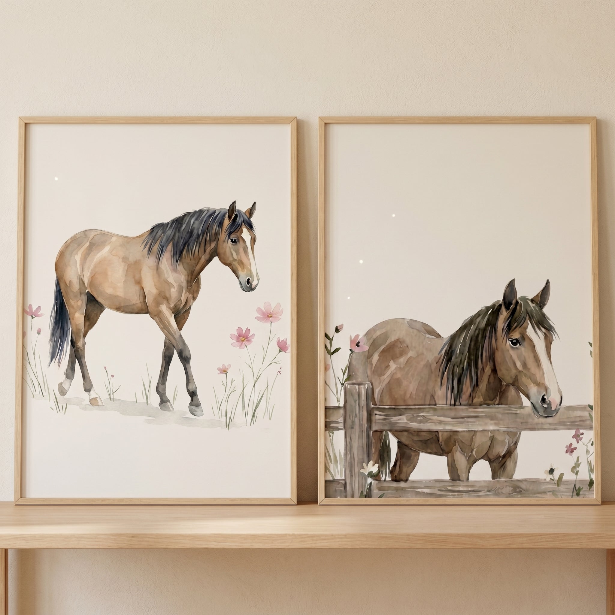 Brown Horse Wall Art Set of 2 - Rustic Meadow Horses