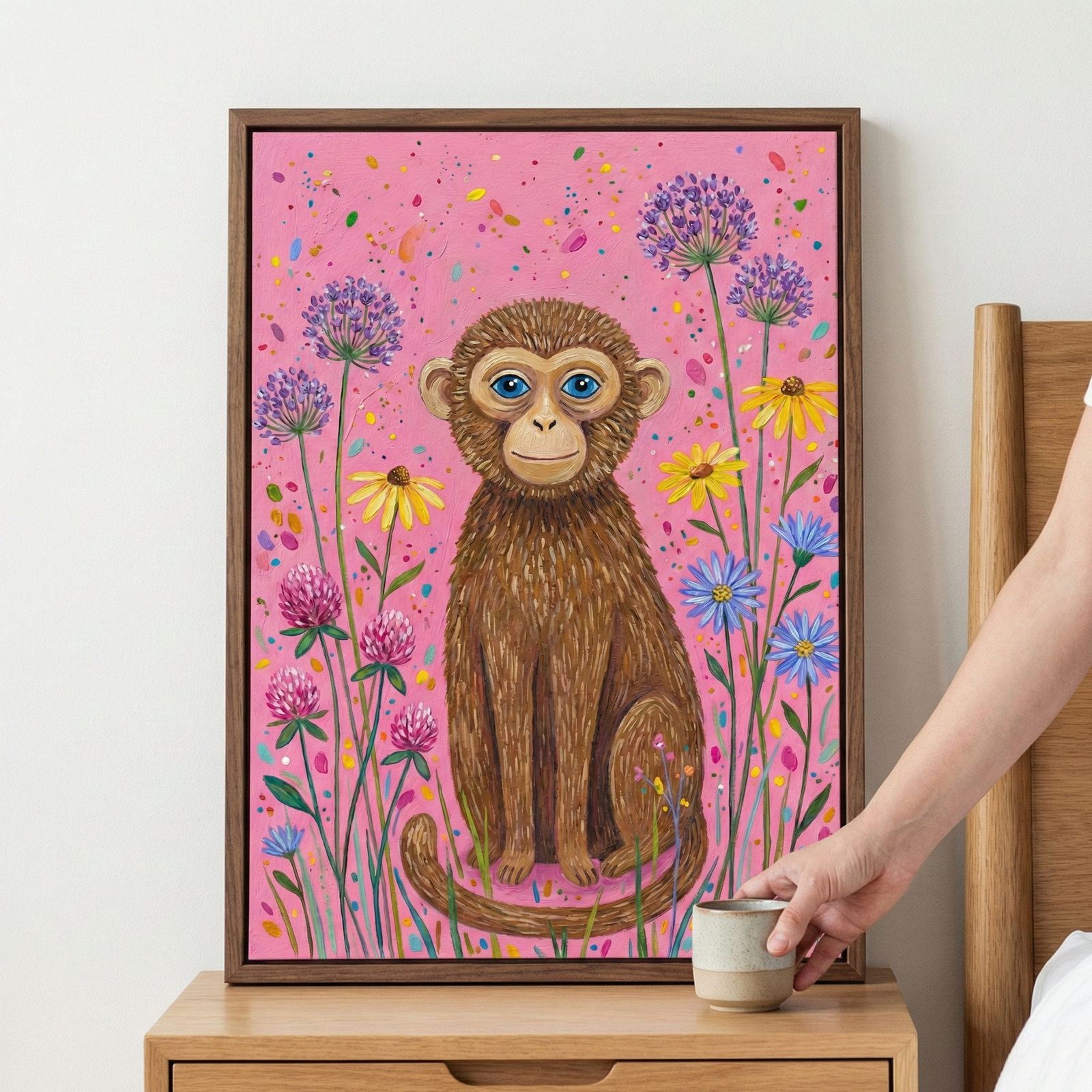 A vertical artwork in a dark wood frame depicts a stylized brown monkey with large blue eyes sitting amidst a field of tall wildflowers. The flowers include yellow and blue daisies and rounded purple and pink blossoms. The background is a vibrant pink, scattered with colorful confetti-like flecks. The framed piece sits on a light wooden nightstand next to a bed. In the foreground, a hand is placing a small ceramic cup on the surface of the nightstand.