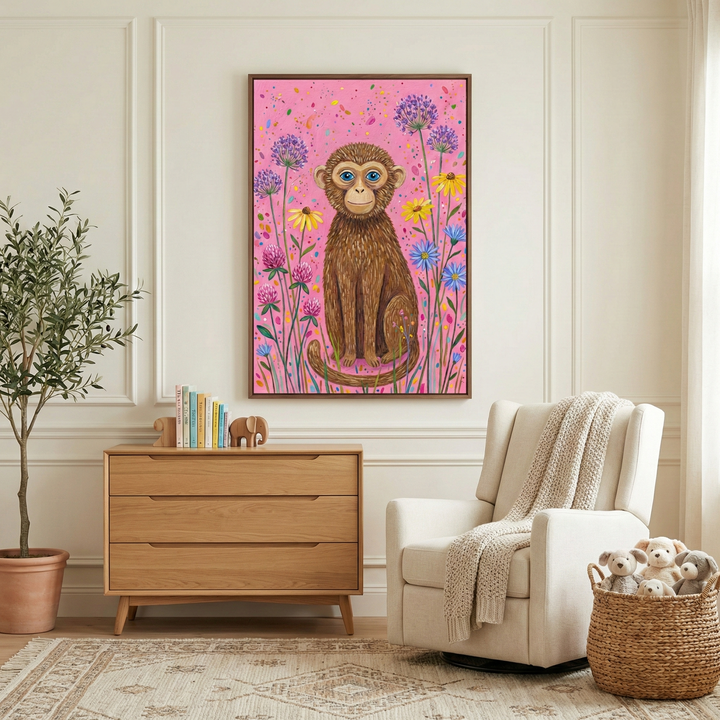 A cozy child’s room features a framed illustration of a brown monkey with big blue eyes sitting among purple and yellow flowers against a pink background. Below, a light-toned wooden dresser holds a row of colorful books and a small elephant figure. To the left is a leafy green tree in a terracotta pot. On the right, a white armchair has a thick knit blanket draped over it, with a woven basket of plush toys nearby. The space is finished with white wall paneling and a neutral patterned rug.