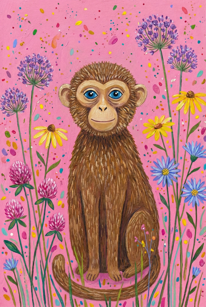 A brown monkey with big blue eyes sits upright among tall purple, yellow, and pink wildflowers. The background is bright pink with colorful paint splatters.