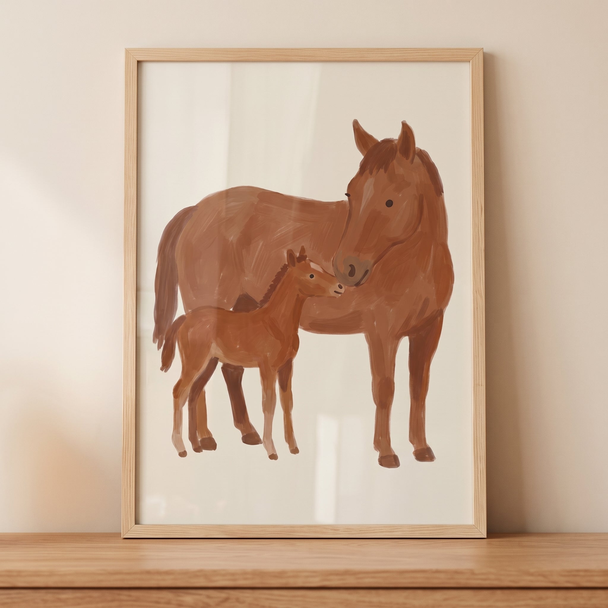 Brown Mother Baby Horse Wall Art - Gentle Equine Bond