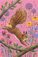 A red squirrel with a glittering bushy tail leaps across flowering branches filled with yellow, purple, and pink blooms. The pink background is dotted with rainbow-colored specks.