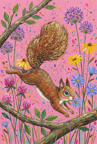 A red squirrel with a glittering bushy tail leaps across flowering branches filled with yellow, purple, and pink blooms. The pink background is dotted with rainbow-colored specks.
